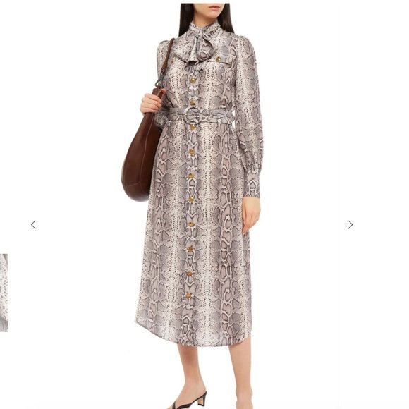 ZIMMERMANN Pussy-bow snake-print crepe de chine midi shirt dress